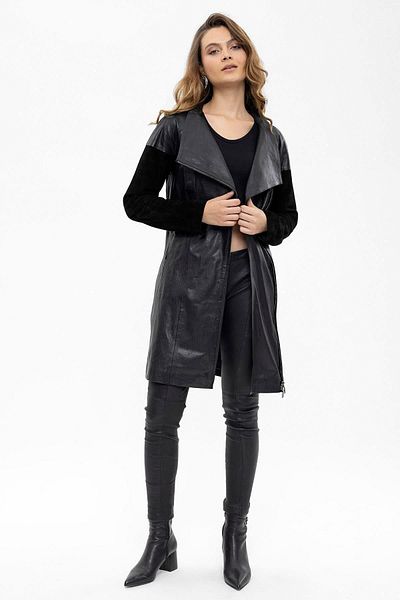Deriderim Women's Genuine Leather Coat with Black Valencia Sleeves, Suede Buckle and Zippered Lining on the Waist