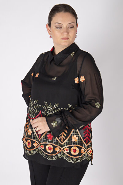 Bedrinxxl Büyük Beden Kadın Siyah Çiçek Nakışlı Şifon Bluz Transparan Kollu Ş...