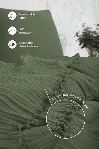 Evlen Home Collection Κάλυμμα κρεβατιού από 100% βαμβακερή μουσελίνα King Size Διπλό Σετ Πικέ Μουσελίνας 4 στρώσεων 3 τεμαχίων πράσινο