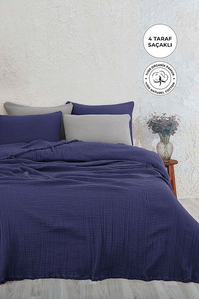 Evlen Home Collection 100% Cotton Muslin Bedspread Battal Size Double 4 Layer Muslin Pique Set 3 Pieces Navy Blue