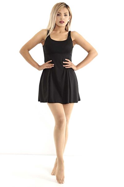 Sea Queen Kadın Büyük Benden Siyah Likralı Esnek Kumaş Elbiseli Silipli Mayo