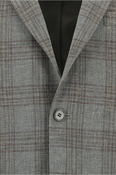 Abdullah Kiğılı Super Slim Fit Ekstra Dar Kesim Yünlü Keten Karışımlı Ekose Ceket