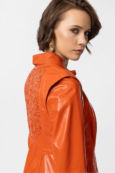 Deriderim Luila Orange Perforated Lined Genuine Leather Coat