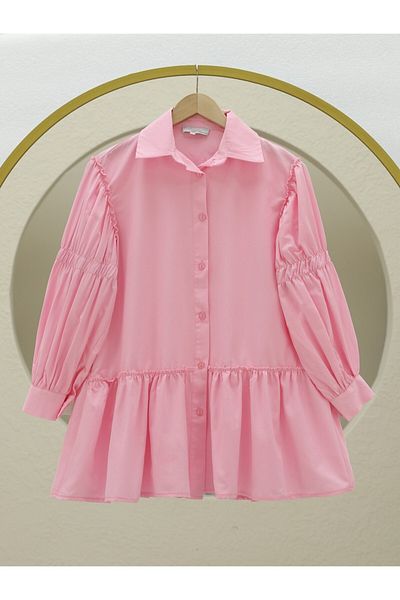 Modamorfo Sleeve Gathered Ruffle Detailed Shirt -Pink