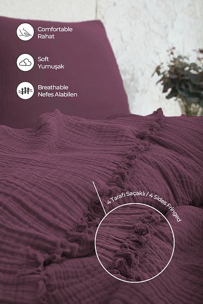 Evlen Home Collection 100% Cotton Muslin Bedspread Battal Size Double 4 Layer Muslin Pique Set 3 Pieces Purple