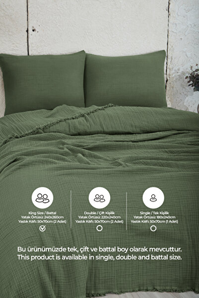 Evlen Home Collection %100 Pamuk Müslin Yatak Örtüsü Battal Boy Çift Kişilik 4 Katlı Müslin Pike Takımı 3 Parça Yeşil
