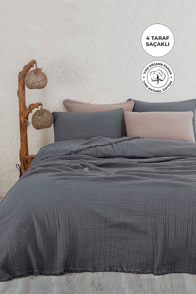 Evlen Home Collection 100% Cotton Muslin Bedspread King Size Double 4 Layer Muslin Pique Set 3 Pieces Anthracite