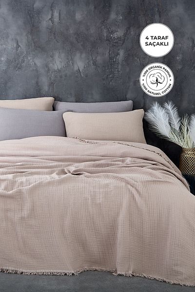 Evlen Home Collection 100% Cotton Double Muslin Bedspread 4 Layer Soft Blanket Muslin Pique Set 3 Pieces