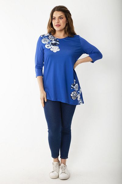 Şans Women's Large Size Sack Hem Asymmetrical Capri Sleeve Blouse 65N37223