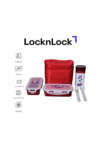 locknlock 3PC Insulated Lunch Bag Set - Red, Airtight and BPA-Free Containers with Water Bottle