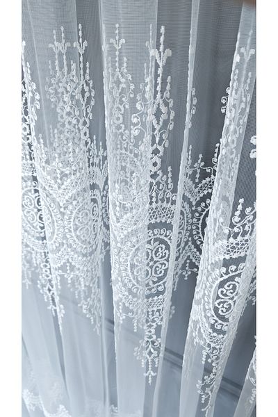 Yuka White Shiny Tulle - Embroidery Pattern, 1/3 Close Pleat, Non-Wrinkle Modern 220 X 260