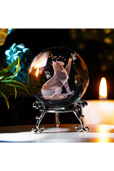 hediyesahibi Dekoratif Metal Ayaklı Kedi Tasarımlı 3D Cam Küre 6cm