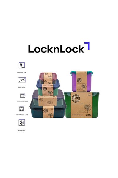 locknlock Eco Rectangular Food Container Pack – 350ml, 470ml, 850ml, 1L, 1.3L, 2.6L & 3.9L