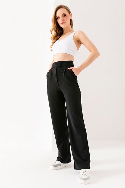 GİYSA Women's Black Velcro High Waist Palazzo Trousers - 5920 -5146
