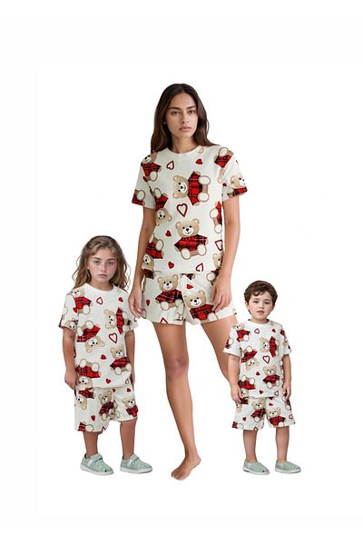 Drop Kids Mother Child Combination Pajama Set Plaid Bear Pattern Shorts (Sold Individually)
