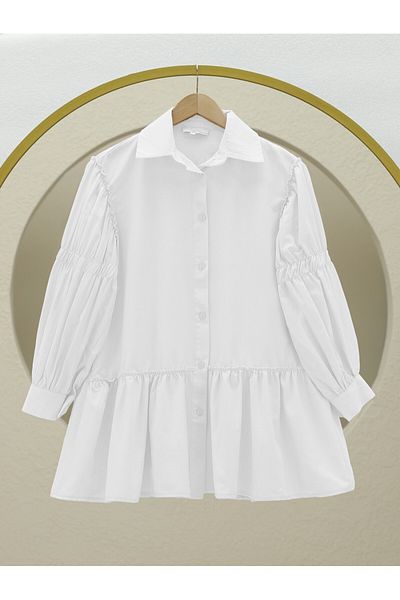 Modamorfo Sleeve Gathered Ruffle Detailed Shirt -White