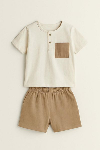 LUESS Boy's Pocket Detailed Cotton T-Shirt Shorts Set (3-4 Years Old 8-9 Years Old)