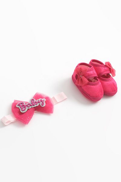 lilico Fuchsia Baby Glitter Bow Detail Bandana Newborn Booties