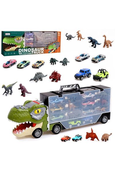 indiggo Interactive Set of Dino FunTruck Toy Cars, Transporter Truck with 16 Toy Cars, 12 Dinosaur Figures,