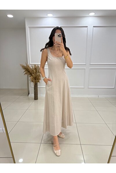Butik Uzun Dökümlü Keten Elbise