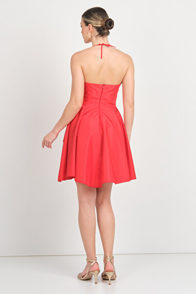 Saygın Women's Halter Neckline Heart Neckline Mini Evening Dress 5621 Red