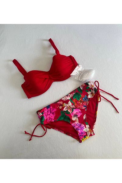 hazelin Women's Red Stone Embroidered Flower Pattern Bikini Suit Hzl25S-Lc3368