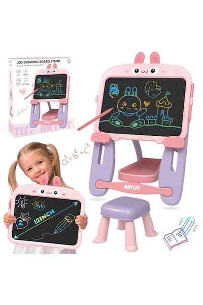 indiggo Set șevalet cu tablă de desen și scaun pentru copii PinkBunny, ecran LCD, fără praf, adorabil iepuraș roz