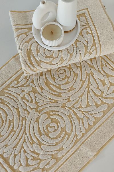 Sevim Set of 2 Foot Towels - Colored & Three-Dimensional Floor - 100% Cotton - Water Absorbent - Yellow