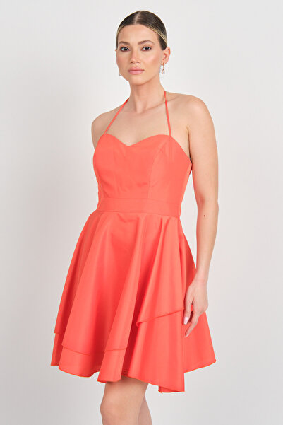 Saygın Women's Halter Neck Heart Neck Mini Evening Dress 5621 Orange