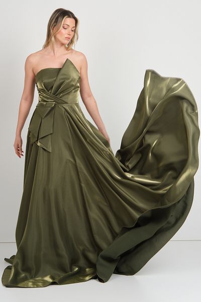 Hvit Vera Women Strapless Shiny Satin Fabric Maxi Evening Dress 5785 Khaki