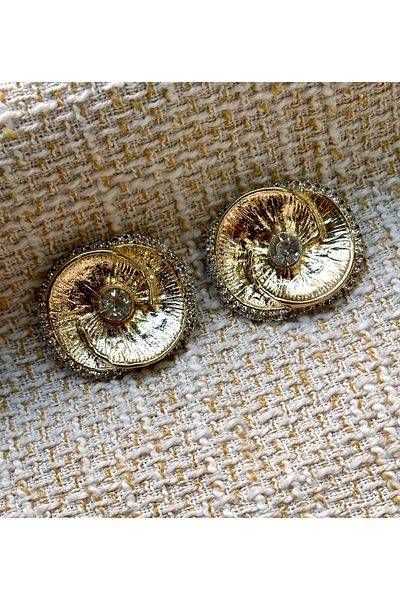ODDA TASARIM ATÖLYESİ Extra Large (3.5cm) Luxury Gold 2-Button with Rose Pattern and Crystal Stones in the Middle and Edges