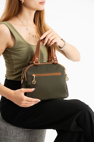 Getcho Dunn Women's Green Tan Double Zipper Pu Leather Women's Hand and Shoulder Bag Large Volume Daily Use