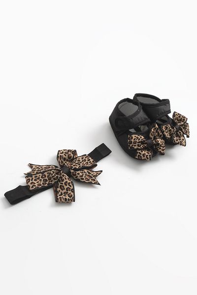 lilico Black Leopard Pattern Bow Bandana Newborn Booties