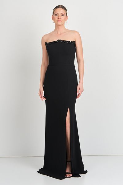 Saygın Women's Strapless Stone Decorated Fish Form Evening Dress 5649 Black