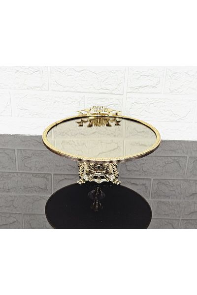 atabey home Large Bronze Mirror Round Serving Plate 25cm - Presentation Cast Gold Frame and Cast Leg