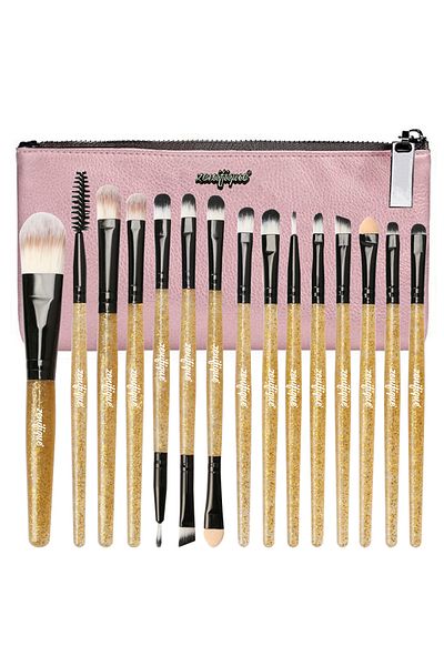 zenifique Set of 15 Makeup Brushes, Zenifique, Synthetic Hair, With Case, Glitter Handle, Gold