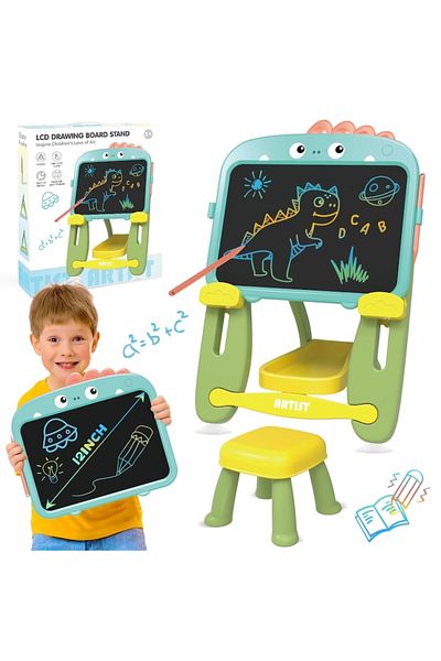indiggo Set șevalet cu tablă de desen și scaun pentru copii CuteDino, ecran LCD, fără praf, model dinozaur, reglabil