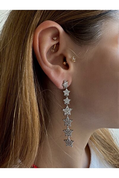 Gilia Jewelry Yıldız Sallantılı Gümüş Renkli Ikili Çelik Küpe