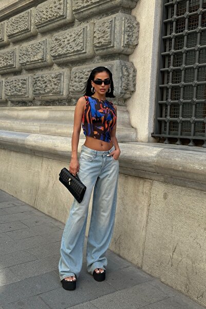 boutiquen Reverse Stitched Patterned Flexible Tulle Crop