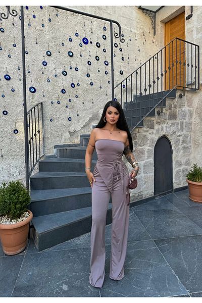POP STORY Women's Strapless Tie-Up Asymmetrical Cut Blouse and Wide Leg Pants