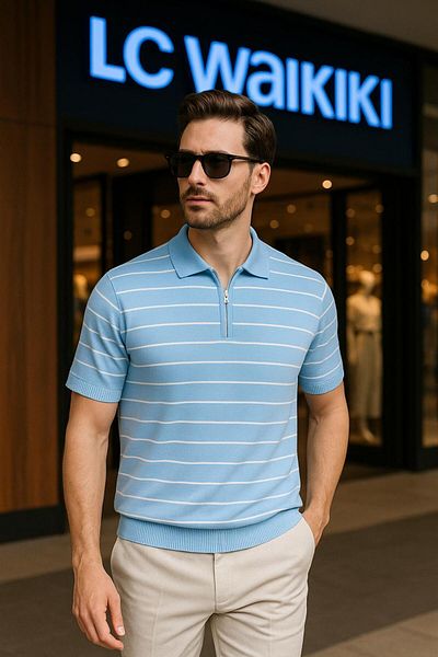 LC Waikiki Striped Polo Collar Zippered Breathable Short Sleeve Men's Summer Knitwear T-Shirt