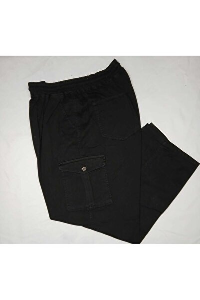 AKTEZ-EL Men's Plus Size Gabardine Trousers Black Cargo Pocket Jogger Elastic Waist