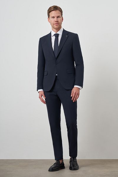 Morven Men's Navy Blue Polyviscon Striped Slim Fit Mono Collar Suit