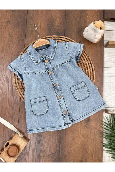 Baby Waka Denim Dress Girl's Dress with Collar and Button Details