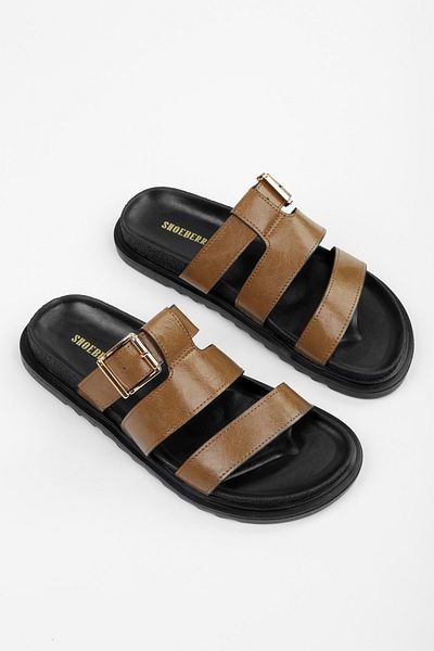 Shoeberry Women's Loine Caramel Skin Thick Belted Slippers