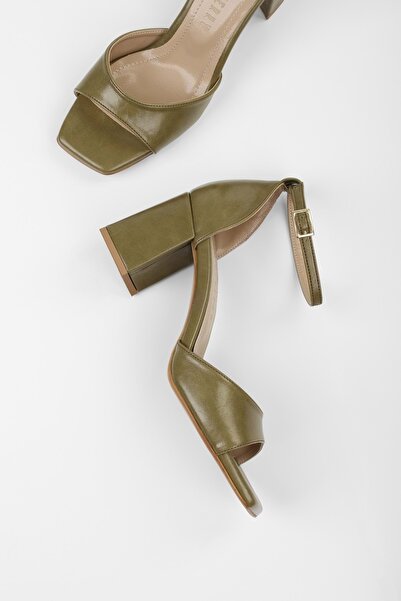 Shoeberry Women's Sarge Oil Green Shiny Skin Heeled Shoes