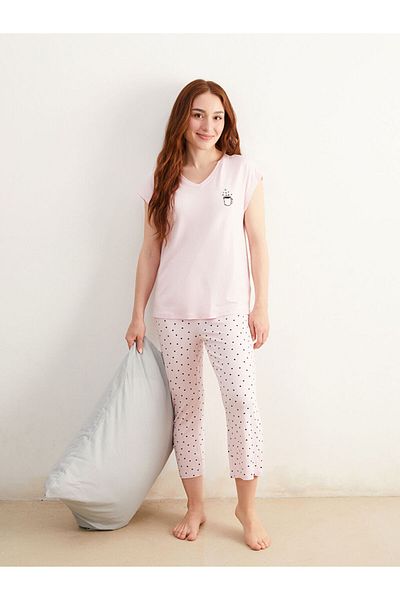 LC Waikiki New Season Petite V-Neck Printed Γυναικείο Σετ Πιτζάμες Capri - S5PK25Z8