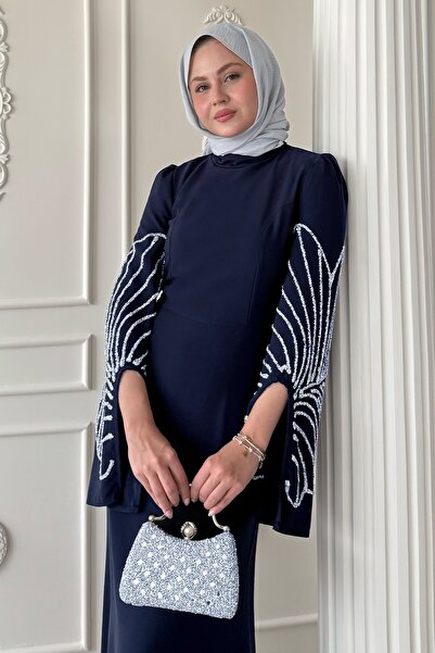 InStyle Cut Sleeve Detail Stone Navy Blue Evening Dress