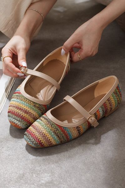 Adım Adım Women's Straw Detailed Colorful Ballerinas