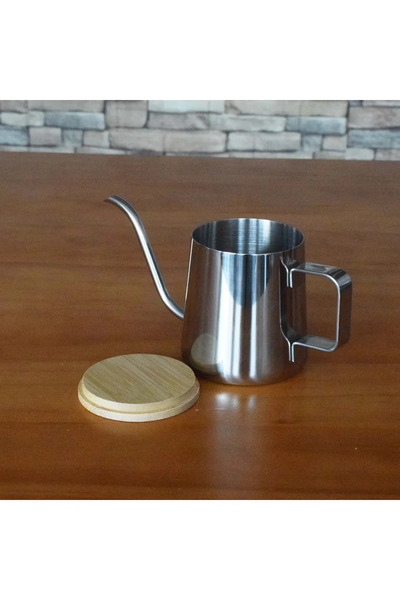 Generic Coffee Drip Kettle - Silver Stainless Steel with Wooden Lid - 250ml
